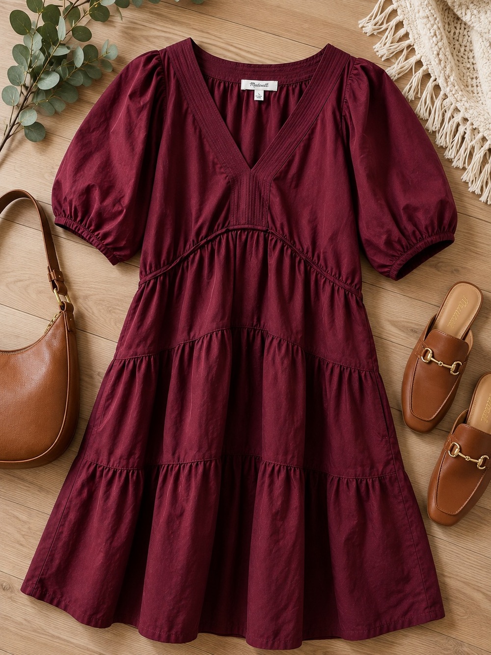 Madewell Burgundy Tiered Mini Dress Small Puff Sleeve V Neck 100%‎ Cotton
